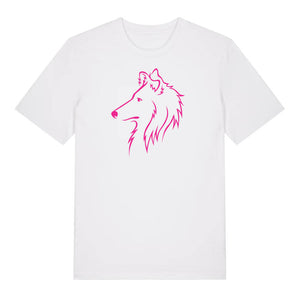 Magenta outline illustration of the head of a Rough Collie on the front of a white unisex t-shirt