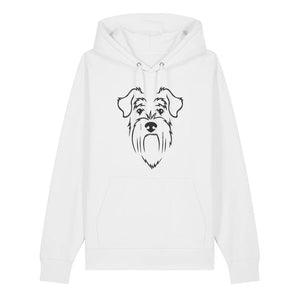 Black outline illustration of the head of a Schnauzer on the front of a white unisex Hoodie