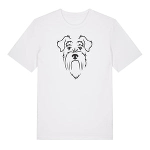 Black outline illustration of the head of a Schnauzer on the front of a white unisex t-shirt