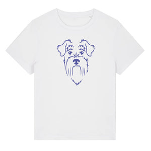 Blue outline illustration of the head of a Schnauzer on the front of a white ladies t-shirt