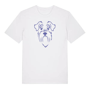 Blue outline illustration of the head of a Schnauzer on the front of a white unisex t-shirt