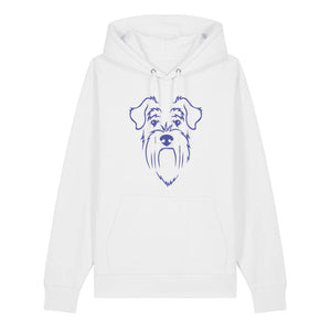 Blue outline illustration of the head of a Schnauzer on the front of a white unisex Hoodie