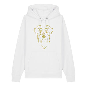 Gold outline illustration of the head of a Schnauzer on the front of a white unisex Hoodie