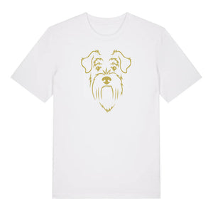 Gold outline illustration of the head of a Schnauzer on the front of a white unisex t-shirt
