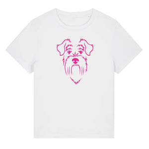 Magenta outline illustration of the head of a Schnauzer on the front of a white ladies t-shirt