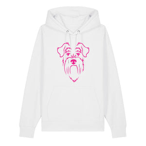 Magenta outline illustration of the head of a Schnauzer on the front of a white unisex Hoodie