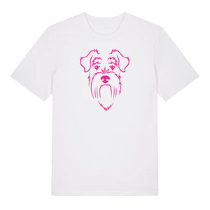 Magenta outline illustration of the head of a Schnauzer on the front of a white unisex t-shirt