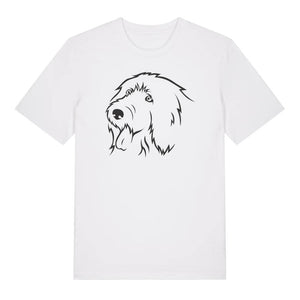 Black outline illustration of the head of an Old English Sheepdog on the front of a white unisex t-shirt