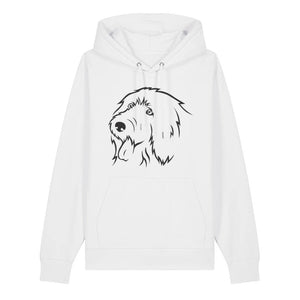 Black outline illustration of the head of an Old English Sheepdog on the front of a white unisex Hoodie