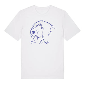 Blue outline illustration of the head of an Old English Sheepdog on the front of a white unisex t-shirt