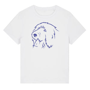 Blue outline illustration of the head of an Old English Sheepdog on the front of a white ladies t-shirt
