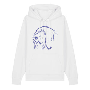 Blue outline illustration of the head of an Old English Sheepdog on the front of a white unisex Hoodie