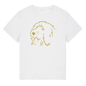 Gold outline illustration of the head of an Old English Sheepdog on the front of a white ladies t-shirt