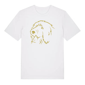 Gold outline illustration of the head of an Old English Sheepdog on the front of a white unisex t-shirt