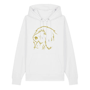 Gold outline illustration of the head of an Old English Sheepdog on the front of a white unisex Hoodie