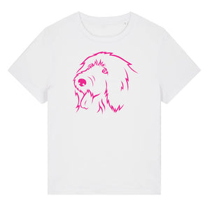 Magenta outline illustration of the head of an Old English Sheepdog on the front of a white ladies t-shirt