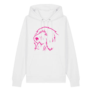 Magenta outline illustration of the head of an Old English Sheepdog on the front of a white unisex Hoodie