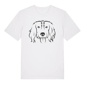 Black outline illustration of the head of a Spaniel on the front of a white unisex t-shirt