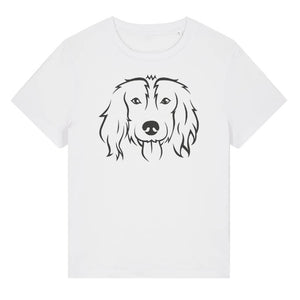 Black outline illustration of the head of a Spaniel on the front of a white ladies t-shirt