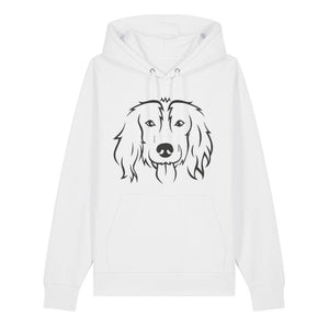 Black outline illustration of the head of a Spaniel on the front of a white unisex Hoodie