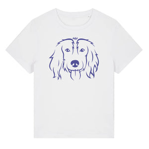 Blue outline illustration of the head of a Spaniel on the front of a white ladies t-shirt