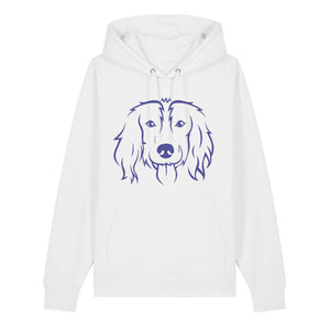 Blue outline illustration of the head of a Spaniel on the front of a white unisex Hoodie