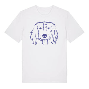 Blue outline illustration of the head of a Spaniel on the front of a white unisex t-shirt