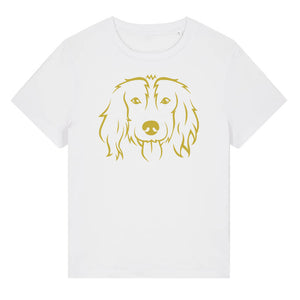 Gold outline illustration of the head of a Spaniel on the front of a white ladies t-shirt