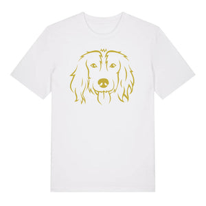 Gold outline illustration of the head of a Spaniel on the front of a white unisex t-shirt