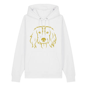 Gold outline illustration of the head of a Spaniel on the front of a white unisex Hoodie