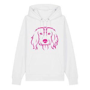 Magenta outline illustration of the head of a Spaniel on the front of a white unisex Hoodie