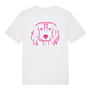Magenta outline illustration of the head of a Spaniel on the front of a white unisex t-shirt