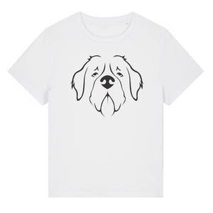 Black outline illustration of the head of a Saint Bernard on the front of a white ladies t-shirt