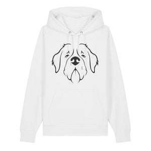 Black outline illustration of the head of a Saint Bernard on the front of a white unisex Hoodie
