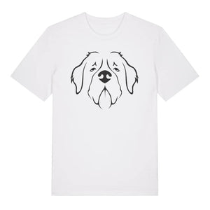 Black outline illustration of the head of a Saint Bernard on the front of a white unisex t-shirt