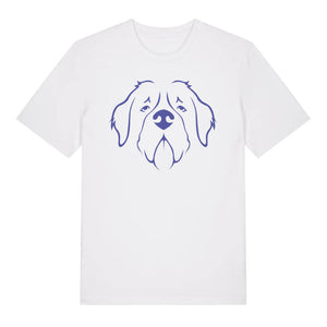 Blue outline illustration of the head of a Saint Bernard on the front of a white unisex t-shirt