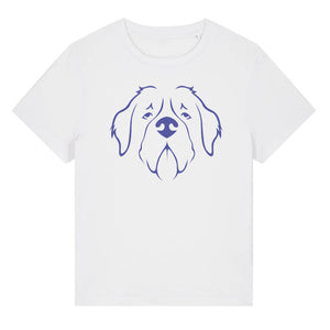 Blue outline illustration of the head of a Saint Bernard on the front of a white ladies t-shirt