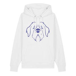 Blue outline illustration of the head of a Saint Bernard on the front of a white unisex Hoodie