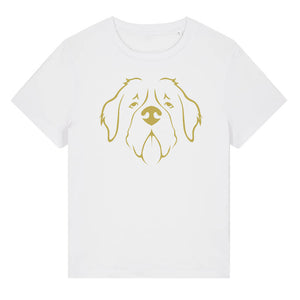 Gold outline illustration of the head of a Saint Bernard on the front of a white ladies t-shirt