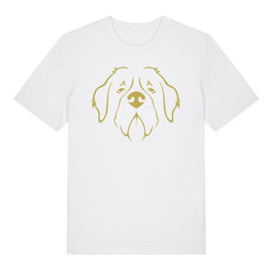 Gold outline illustration of the head of a Saint Bernard on the front of a white unisex t-shirt