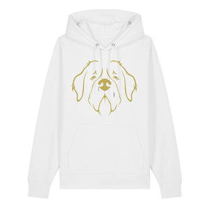 Gold outline illustration of the head of a Saint Bernard on the front of a white unisex Hoodie