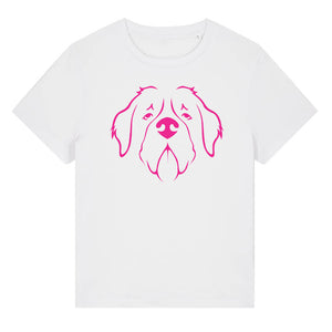 Magenta outline illustration of the head of a Saint Bernard on the front of a white ladies t-shirt