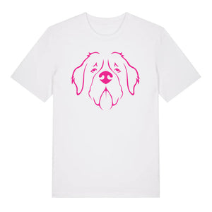 Magenta outline illustration of the head of a Saint Bernard on the front of a white unisex t-shirt