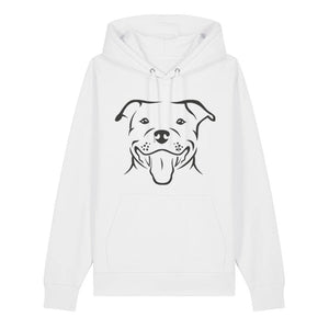 Black outline illustration of the head of a Staffordshire Bull Terrier on the front of a white unisex Hoodie