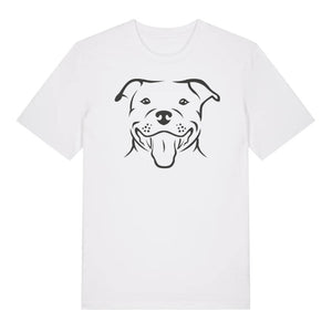 Black outline illustration of the head of a Staffordshire Bull Terrier on the front of a white unisex t-shirt