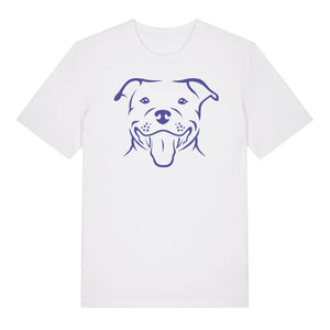 Blue outline illustration of the head of a Staffordshire Bull Terrier on the front of a white unisex t-shirt