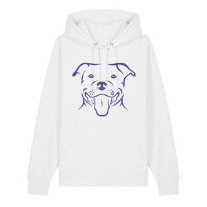 Blue outline illustration of the head of a Staffordshire Bull Terrier on the front of a white unisex Hoodie