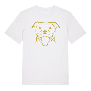 Gold outline illustration of the head of a Staffordshire Bull Terrier on the front of a white unisex t-shirt