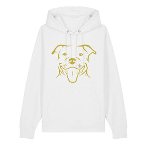 Gold outline illustration of the head of a Staffordshire Bull Terrier on the front of a white unisex Hoodie