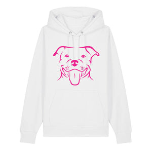 Magenta outline illustration of the head of a Staffordshire Bull Terrier on the front of a white unisex Hoodie